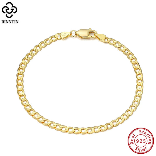 Rinntin 18K Gold Over 925 Sterling Silver 3mm Italian Cuban Chain Bracelet for Women Men Trendy Silver Bracelet Jewelry SB123