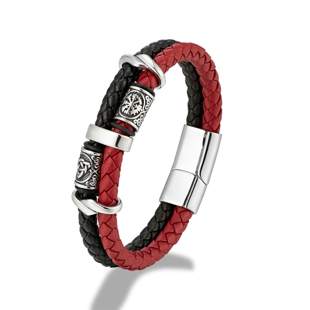 Viking Leather Bracelet for Men – Double Layer Genuine Leather with Norse Runes & Compass Charm